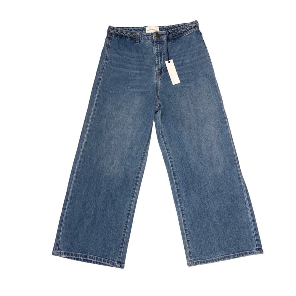 Habitual Womens High‎ Rise Braided Waist Wide Leg Cropped Jeans Blue 8/29 NWT